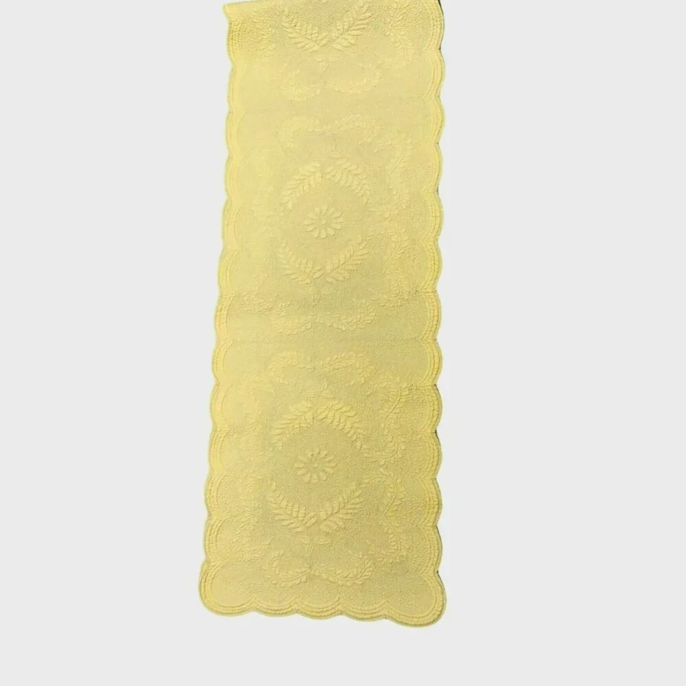 Yellow Quilted Scalloped Table Runner 16x86 Reversible Floral Cotton Cottagecore